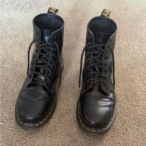Dr. Martens Black Leather Lace-Up Boots with Yellow Stitching